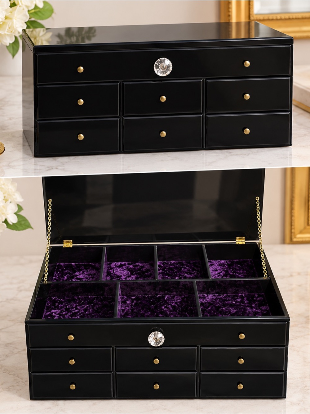 Vintage Handmade Jewelry Box Black Lacquer Velvet